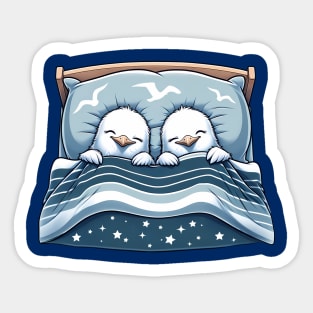 Cute Sea Gulls Sleeping In Bed Together Sticker